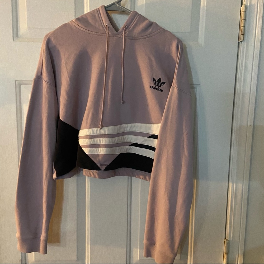 adidas Long Sleeve Crop Hoodie Logo Purple Mauve White Black Striped